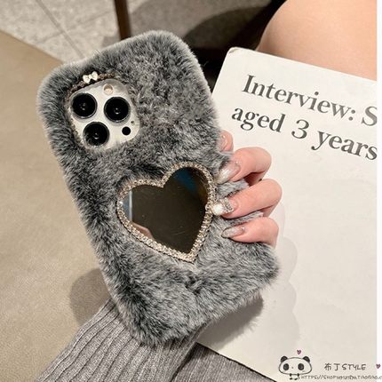 冬天毛毛绒绒适用小米17手机壳note15pro+爱心镜子2c红米turbo3可爱13网红k80至尊k70创意11女civi4毛茸茸k80