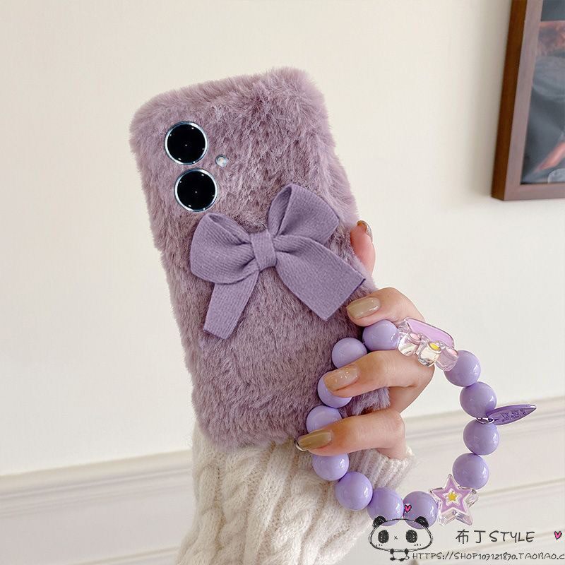 毛绒蝴蝶结realme15/14/13/12手机壳narzo20网红n63真我n55秋冬n53女50i可爱v60链note70/c33/c35s/c85/61c75