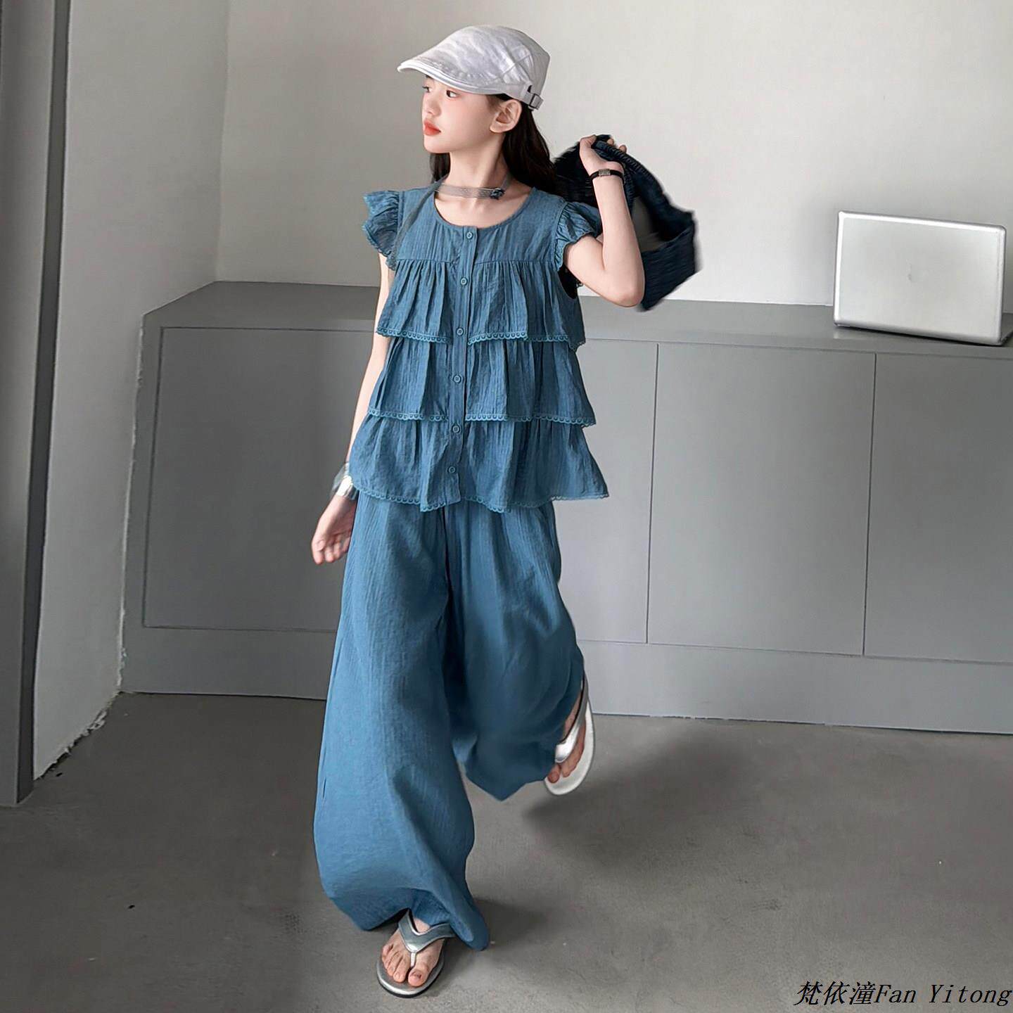 2026荷叶新款裤上衣两件套显瘦阔女童夏季洋气腿中大童边飞袖套装