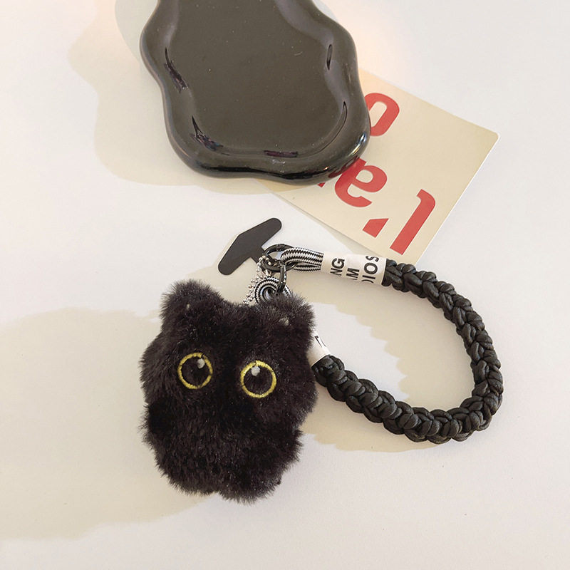 Clove 毛绒大眼黑猫咪手机链短款酷炫编织挂绳男女小包挂件钥匙扣