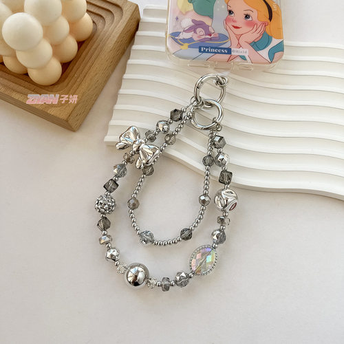 甜酷手机链短款女手腕绳银色双层