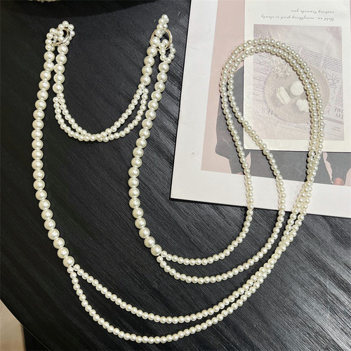 小香风双层珍珠手机链斜挎长款绳