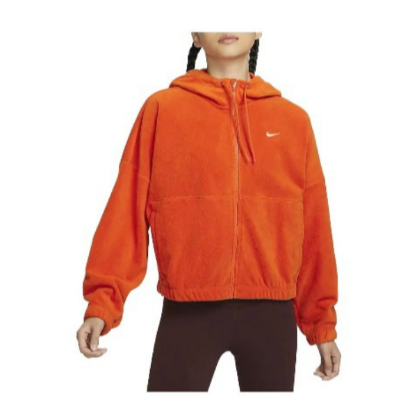 Nike 纯色连帽休闲拉链绒感外套女款 篝火橙 FB5639-893