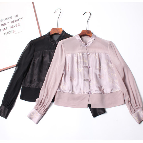 100桑蚕丝提花新中式衬衫女