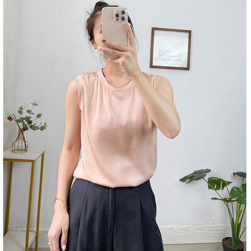 出口单！24姆米真丝无袖T恤女夏季100桑蚕丝纯色上衣背心