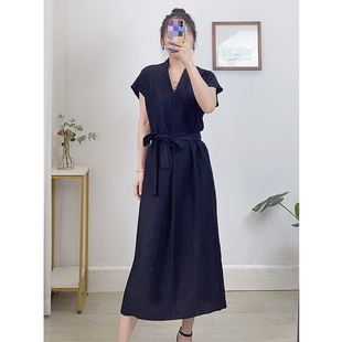 龟缎~龟裂纹香云纱真丝连衣裙女V领系带A字裙100%桑蚕丝黑色长裙