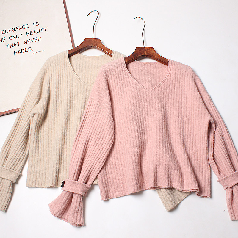 又轻又暖和~牦牛绒+羊毛毛衣女加厚秋冬羊毛衫女纯色喇叭袖上衣