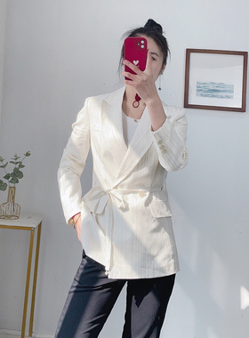 D~系柜台799 气质高级感亚麻西装女垫肩绑带2025春季条纹西服外套