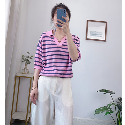 冰凉感！天丝短袖针织衫女2025夏季新款翻领宽松休闲套头条纹上衣