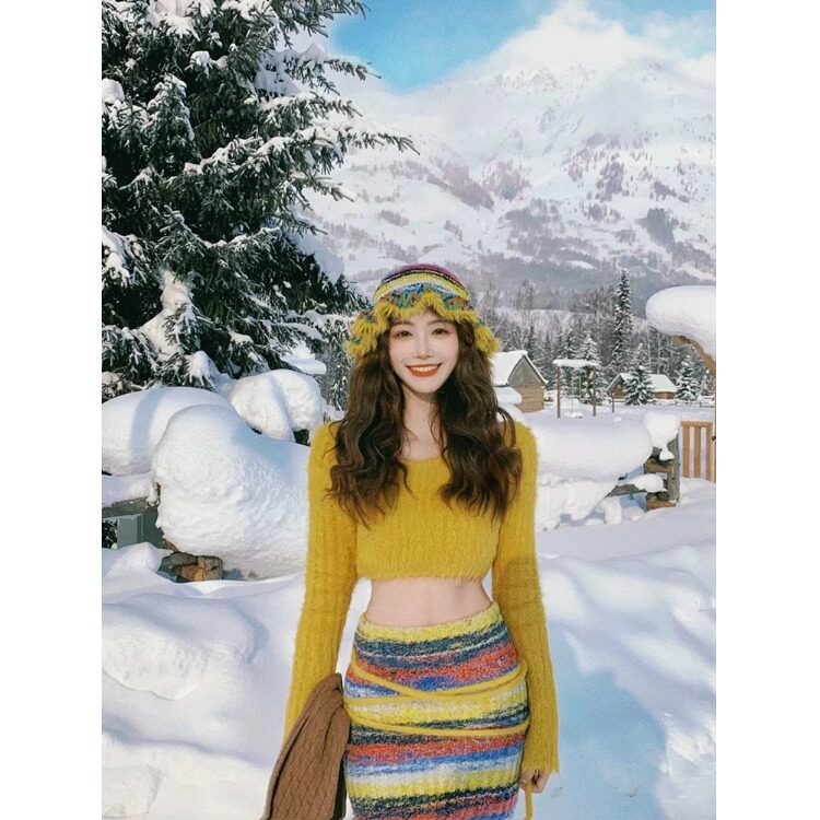 彩虹条纹毛衣裙多巴胺修身针织连衣裙一整套装女秋冬旅游穿搭长裙图片