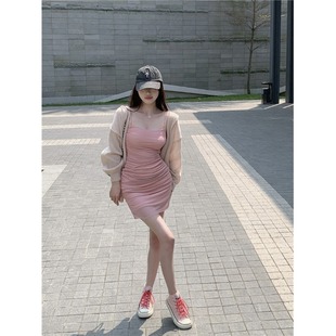 连衣裙女早秋纯欲连帽防晒针织开衫 辣妹网纱设计感吊带短款 两件套