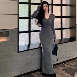 纯欲洋气针织套装女秋冬辣妹慵懒风V领开叉显瘦毛衣高腰包臀长裙