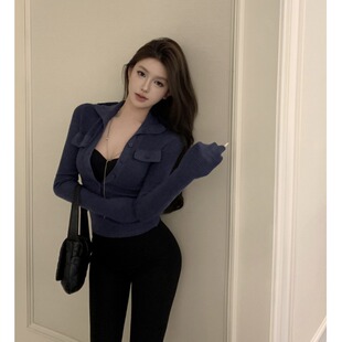 纯欲风撞色设计v领假两件长袖针织衫女春秋季新款洋气修身打底衫