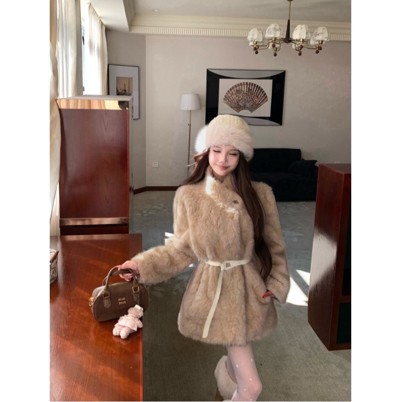 时髦气质高级感环保皮草外套女冬加厚皮毛一体系带中长款毛毛上衣