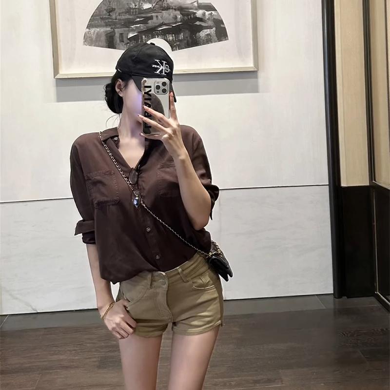 复古辣妹设计感棕色天丝衬衫