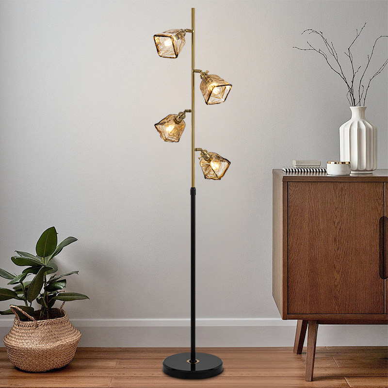 现代简约四头几何玻璃灯罩落地灯创意美式复古卧室客厅沙发旁立灯