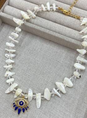 天然贝母碎片恶魔之眼项链女小众波西米亚风锁骨链复古异域感颈链