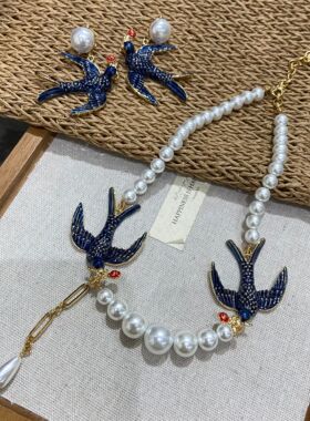 欧美仿珍珠串珠燕子水滴毛衣链度假风复古个性小众高级感时尚项链