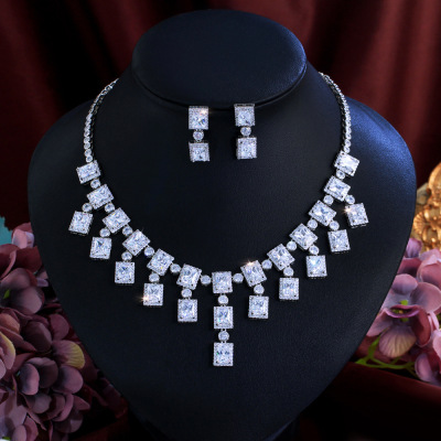 欧美夸张奢华方形锆石项链重工彩宝高级感女饰品项链跨境耳钉耳环
