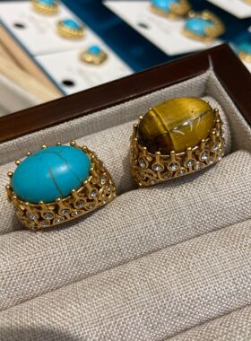 WRAN新款天然绿松石戒指女中古Vitage复古高级感天然石手饰饰品