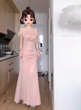 绝美轻礼服大方得体端庄大气高级感party长裙粉色鱼尾宴会晚礼服