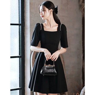 公司年会晚礼服小个子高级感女2023秋季黑色法式短款主持人连衣裙