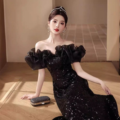 黑色礼服长款高端大气晚礼服女高级感主持人成人礼宴会2024新款