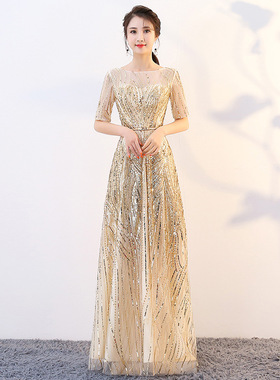 宴会爆闪晚礼服2024新款长裙亮片金色年会主持人司仪大合唱演出服
