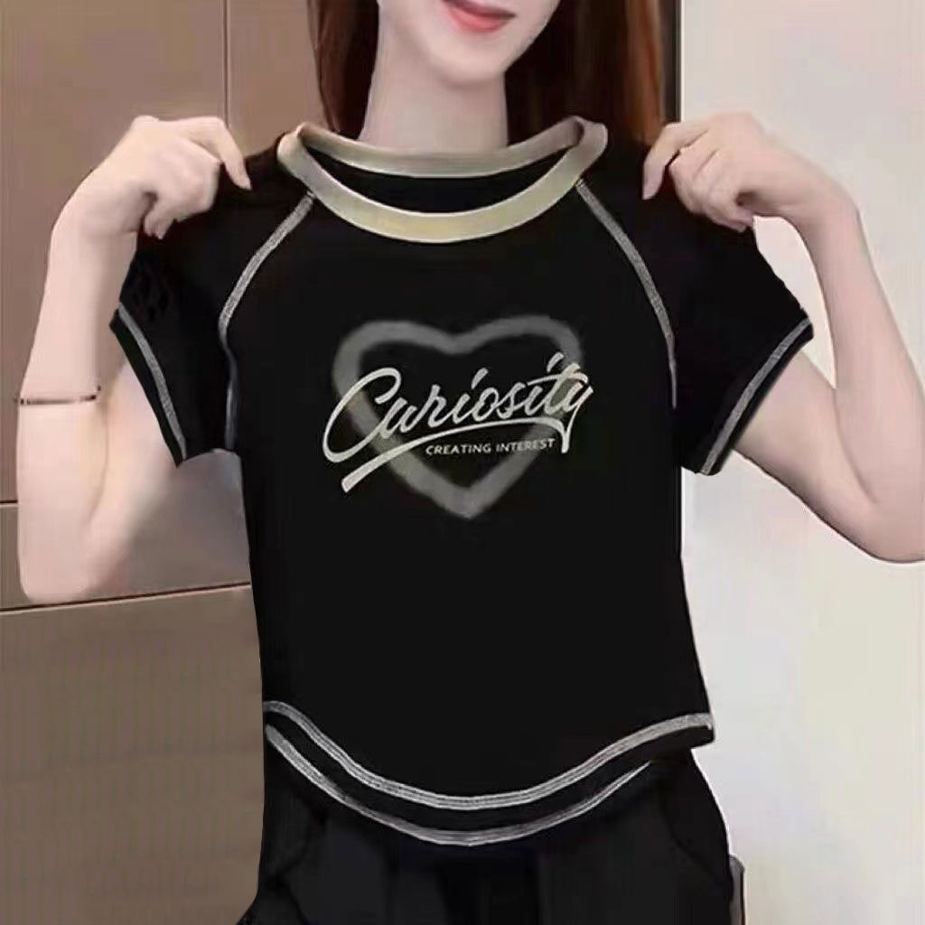含棉打底衫女2025新款夏季圆弧形不规则百搭短袖T恤短款别致上衣 - 实物图