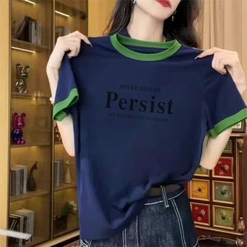 清仓捡漏~尾单大牌剪标专柜撤回外贸撞色短袖t恤女正肩圆领体恤衫