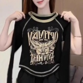 含棉打底衫 别致上衣 T恤短款 女2024新款 秋冬圆弧形不规则内搭长袖