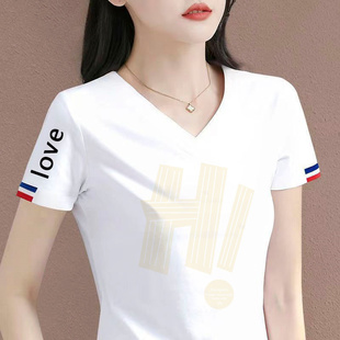 拼接吸汗休闲百搭V领短袖印花T恤女半袖夏装女士洋气白色修身上衣