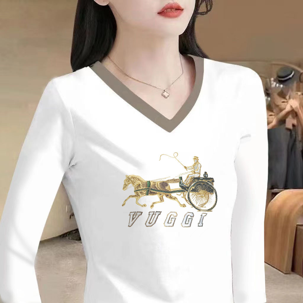 春秋季新款白色上衣女韩版修身V领长袖T恤撞色拼接字母印花打底衫