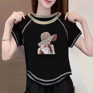 含棉打底衫女2025新款夏季圆弧形不规则百搭短袖T恤短款别致上衣