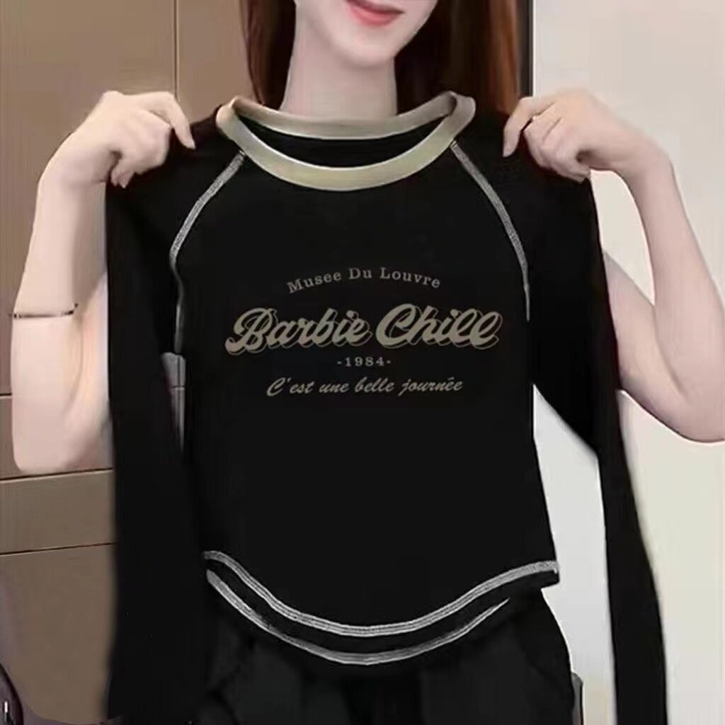 含棉打底衫女2025新款秋季圆弧形不规则百搭长袖T恤短款别致上衣