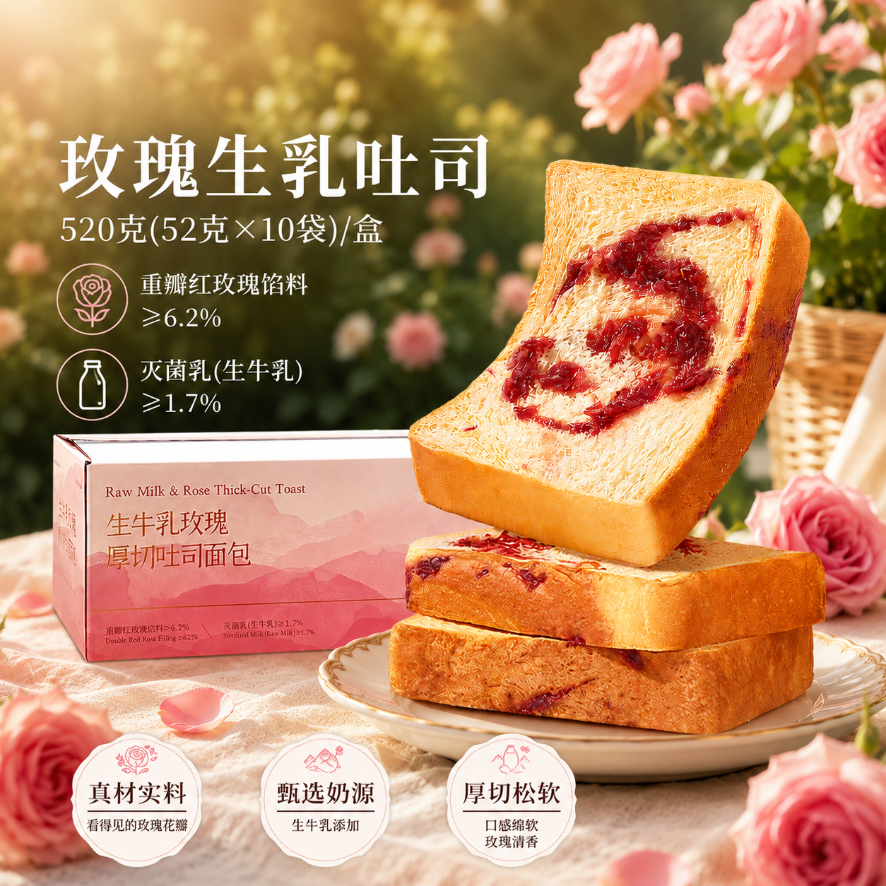 潘祥记官方旗舰店玫瑰牛乳吐司整箱零食小吃早餐速食休闲面包点心