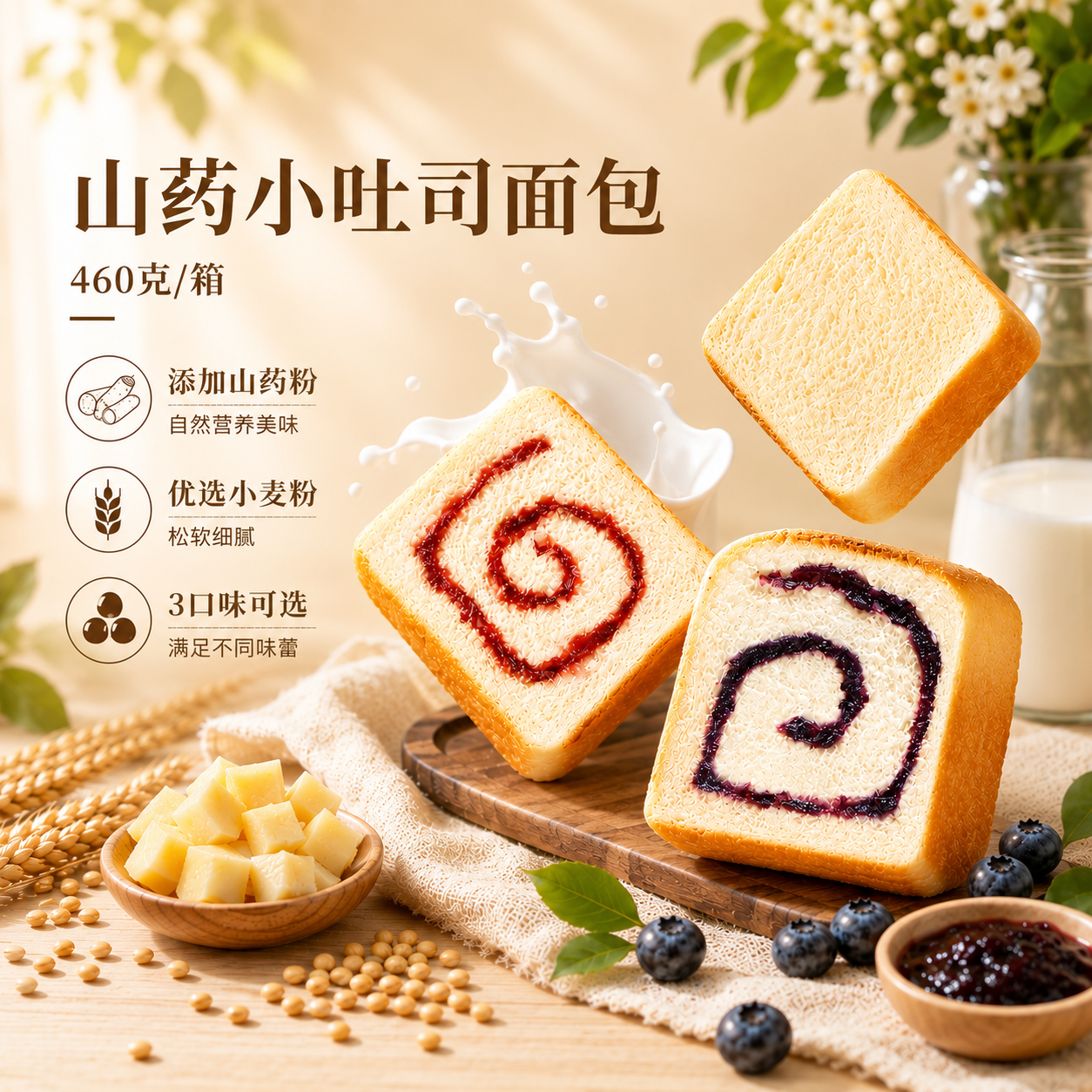 潘祥记山药吐司玫瑰蓝莓黄油整箱零食小吃早餐速食休闲面包点心