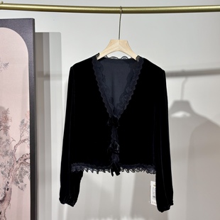 蝴蝶结真丝丝绒上衣短款蕾丝花边长袖桑蚕丝衬衫时髦洋气V领小衫