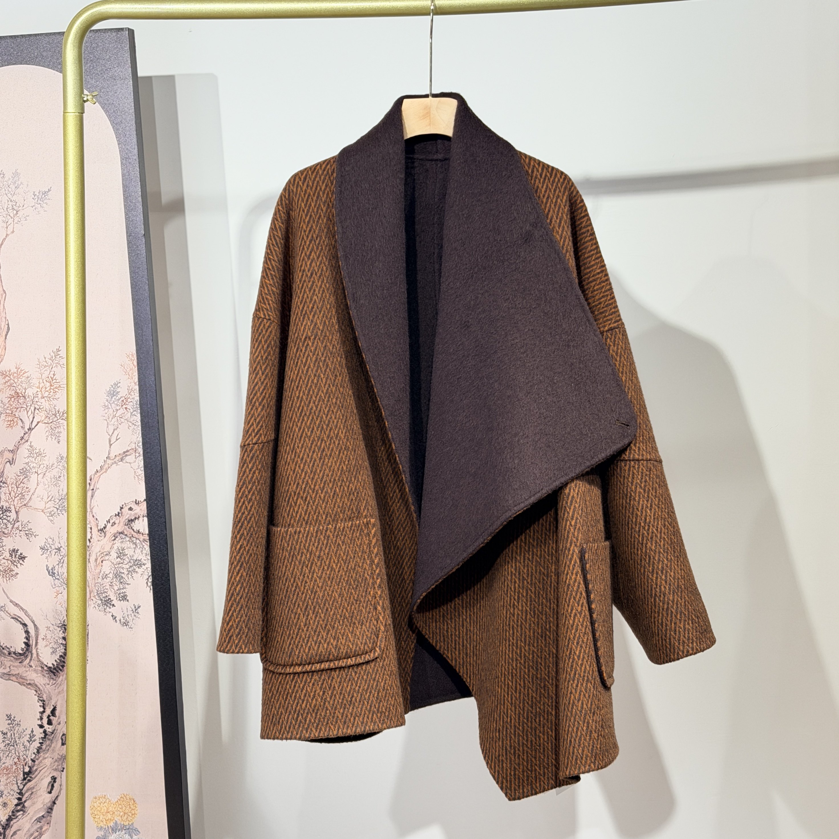 25新款秋冬季牦牛绒桑蚕丝中长款不规则浴袍领双面呢大衣个性外套