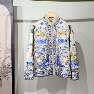 香槟色醋酸鹅绒羽绒服女冬季款水貂毛新中式国风唐装满绣外套潮