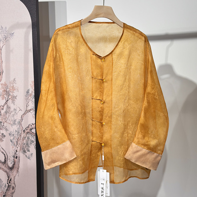 真丝欧根扎染提花纯手工一字扣缠金线桑蚕丝欧根纱重工立体外套