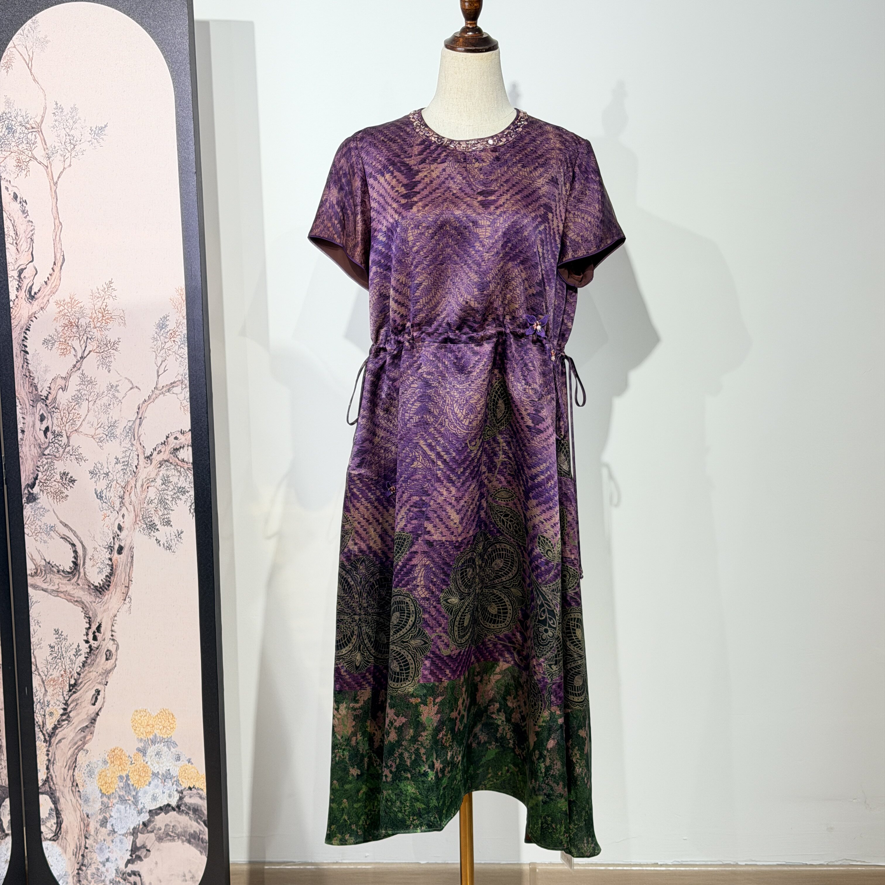 花罗香云纱高端女装连衣裙女桑蚕丝复古圆领妈妈夏装真丝a字裙子