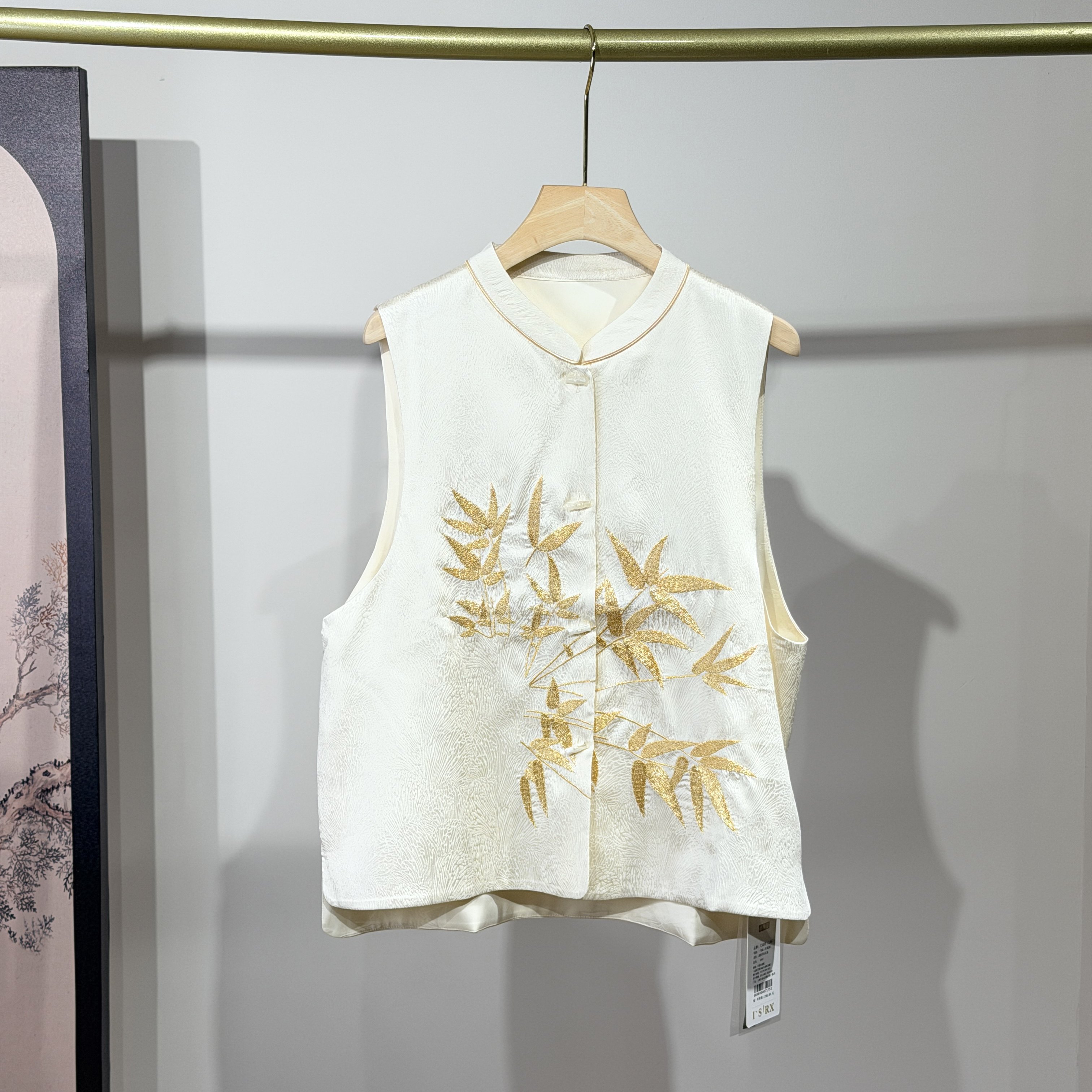 金线竹叶绣花 奢美提花真丝重工绣花马甲中式小众别致无袖马夹