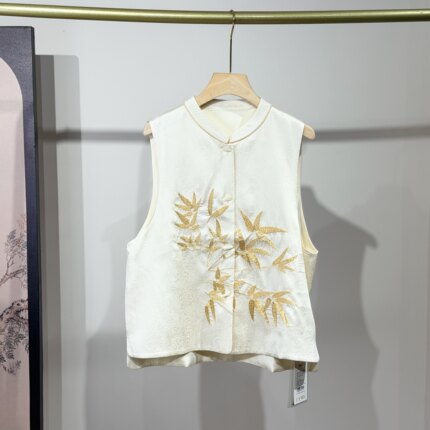 金线竹叶绣花 奢美提花真丝重工绣花马甲中式小众别致无袖马夹