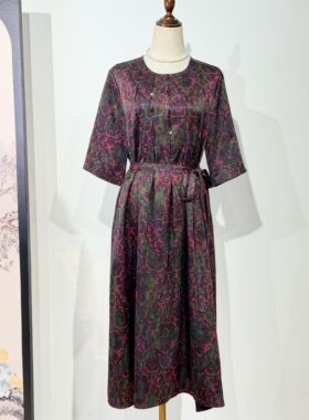 高端花罗香云纱真丝连衣裙洋气中年妈妈桑蚕丝系带裙子2026夏