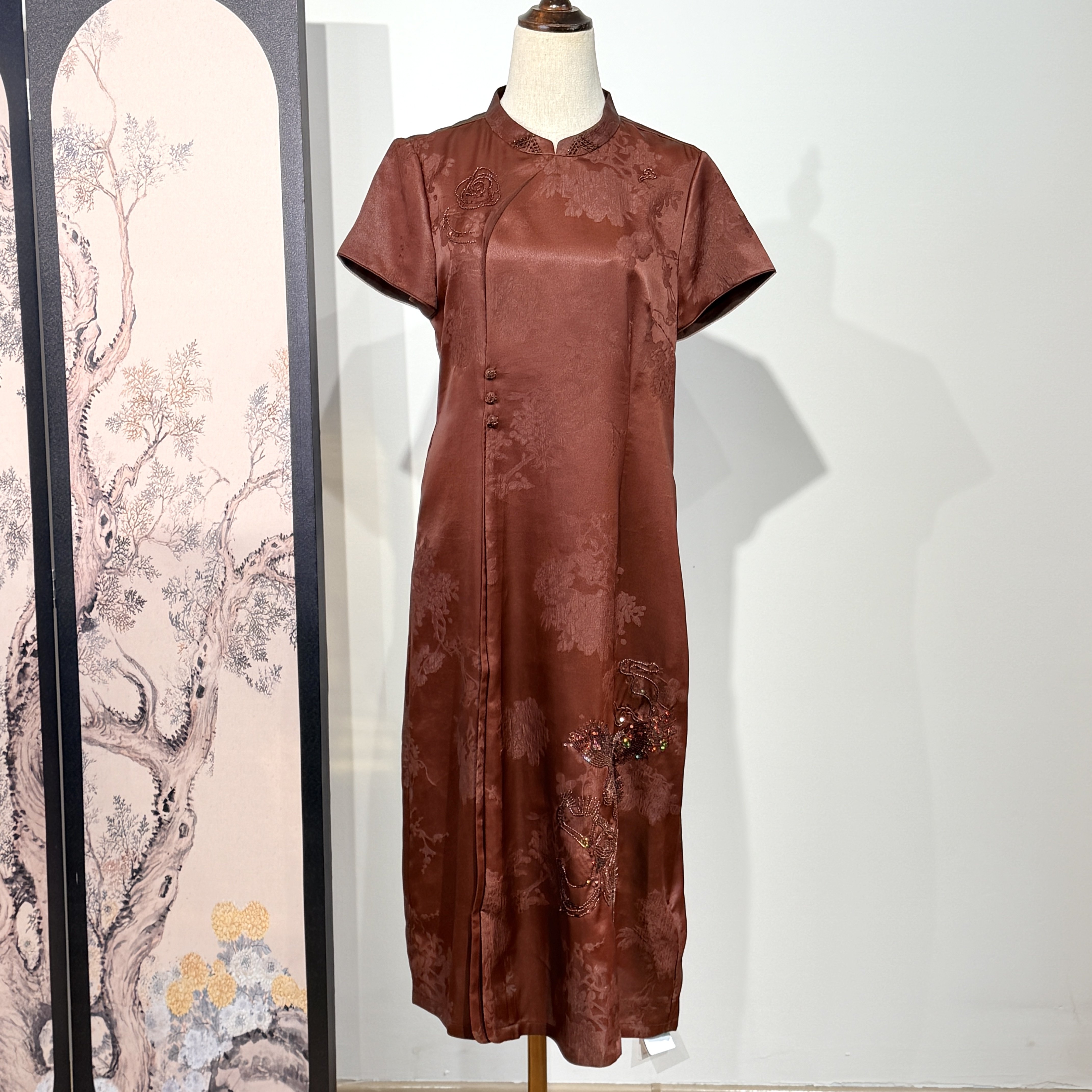 高端香云纱花罗真丝连衣裙女新中式改良旗袍裙桑蚕丝中长裙妈妈装