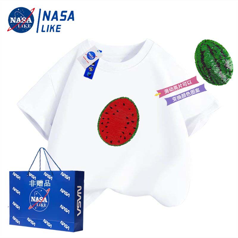 NASA儿童西瓜亮片翻转变色纯棉短袖t恤夏季新款男女童亲子装上衣