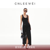 CNLEEWEI 26早春新品 高级感深U领蕾丝花拼接褶皱连衣裙
