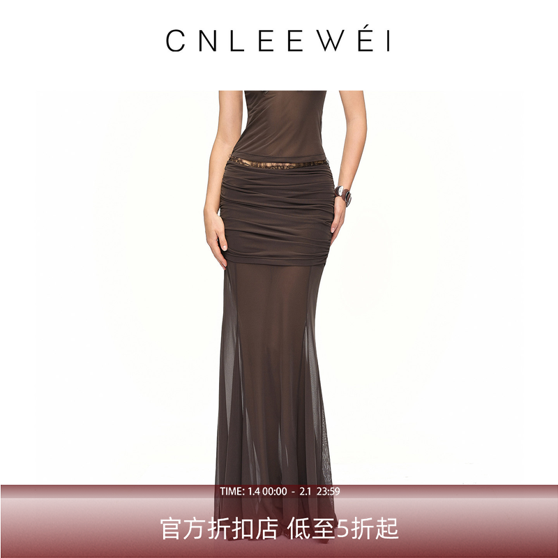 CNLEEWEI 2025夏季新款性感精致蕾丝拼接褶皱薄透飘逸鱼尾长半裙,女装/女士精品,半身裙,淘宝优惠券,粉丝福利购,淘宝优惠卷