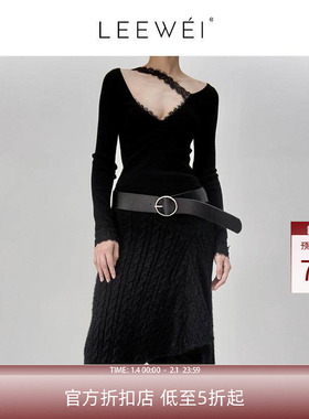 CNLEEWEI2024冬季新款黑色深V拼接蕾丝羊毛织上衣女打底衫针织衫